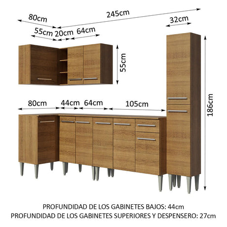 Cocina Integral Esquinero Modular Emilly Water Marron 325x186cm con Mesón de Madera Aglomerada Mdp sin Estufa con Un Cajón y con Dieciocho Entrepaños - COCINAS | Bylmo