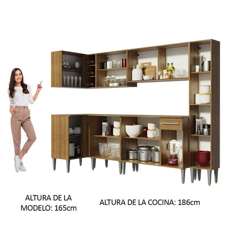 Cocina Integral Esquinero Modular Emilly Water Marron 325x186cm con Mesón de Madera Aglomerada Mdp sin Estufa con Un Cajón y con Veinte Entrepaños - COCINAS | Bylmo