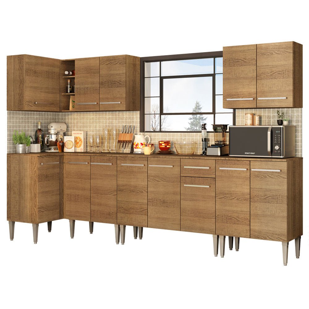 Cocina Integral Esquinero Modular Emilly Rock Marron 357x186cm con Mesón de Madera Aglomerada Mdp sin Estufa con Un Cajón y con Dieciocho Entrepaños - COCINAS | Bylmo