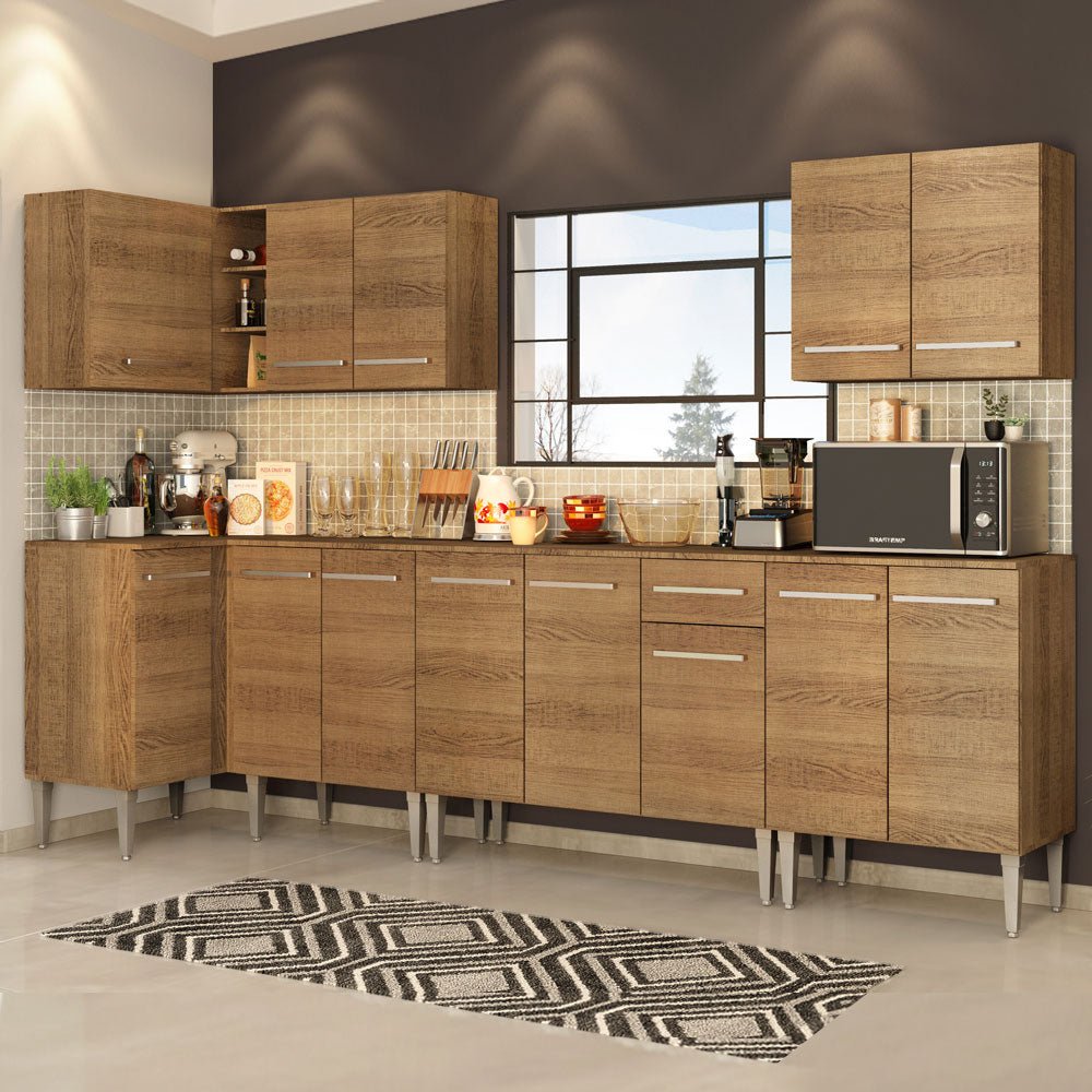 Cocina Integral Esquinero Modular Emilly Rock Marron 357x186cm con Mesón de Madera Aglomerada Mdp sin Estufa con Un Cajón y con Dieciocho Entrepaños - COCINAS | Bylmo