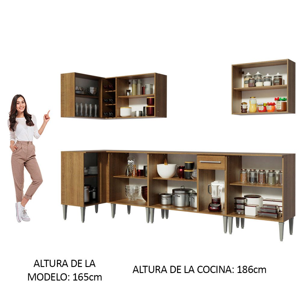Cocina Integral Esquinero Modular Emilly Rock Marron 357x186cm con Mesón de Madera Aglomerada Mdp sin Estufa con Un Cajón y con Dieciocho Entrepaños - COCINAS | Bylmo