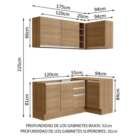 Cocina Integral Esquinero Modular Glamy Marron 269x225cm sin Mesón sin Estufa con Tres Cajones y con Catorce Entrepaños - COCINAS | Bylmo