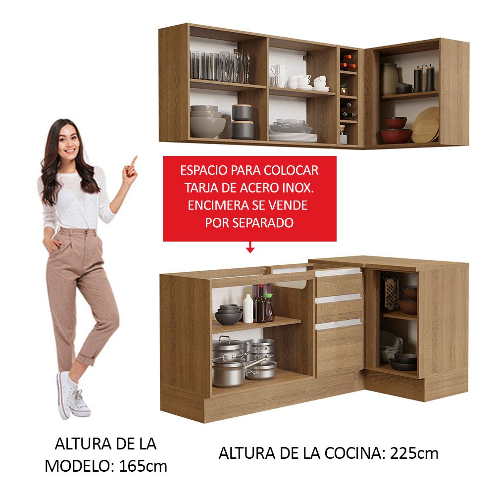 Cocina Integral Esquinero Modular Glamy Marron 269x225cm sin Mesón sin Estufa con Tres Cajones y con Catorce Entrepaños - COCINAS | Bylmo