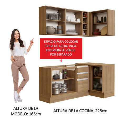 Cocina Integral Esquinero Modular Glamy Marron 269x225cm sin Mesón sin Estufa con Tres Cajones y con Catorce Entrepaños - COCINAS | Bylmo
