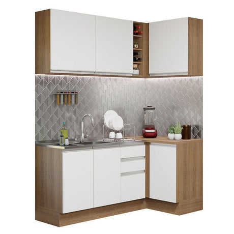 Cocina Integral Esquinero Modular Glamy Marron y Blanco 269x225cm sin Mesón sin Estufa con Tres Cajones y con Catorce Entrepaños - COCINAS | Bylmo