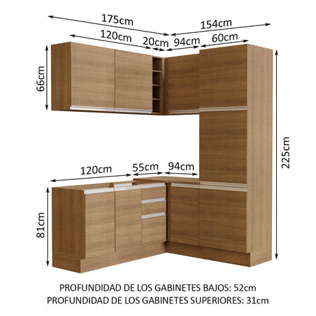 Cocina Integral Esquinero Modular Glamy Marron 329x225cm sin Mesón sin Estufa con Tres Cajones y con Diecinueve Entrepaños - COCINAS | Bylmo