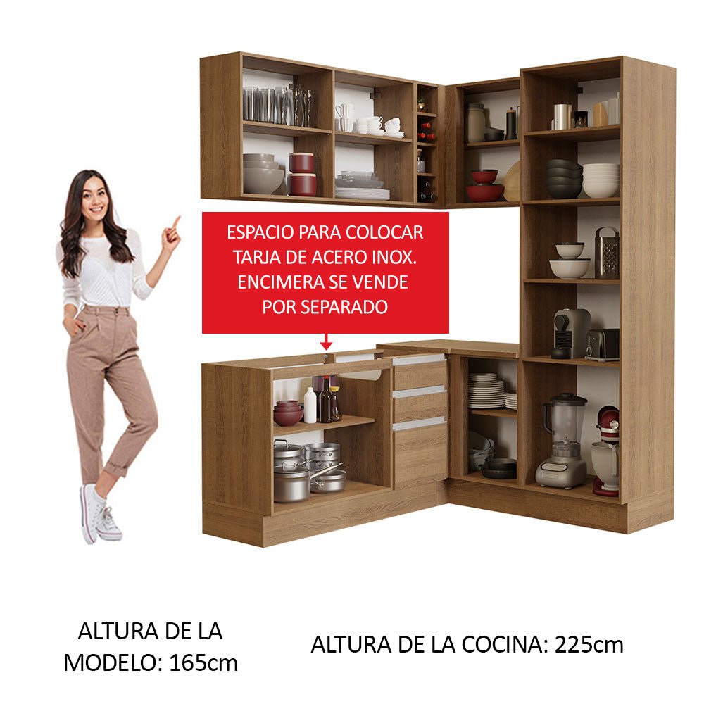 Cocina Integral Esquinero Modular Glamy Marron 329x225cm sin Mesón sin Estufa con Tres Cajones y con Diecinueve Entrepaños - COCINAS | Bylmo