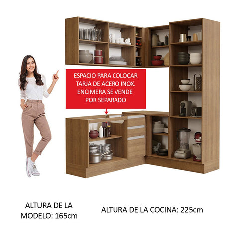 Cocina Integral Esquinero Modular Glamy Marron 329x225cm sin Mesón sin Estufa con Tres Cajones y con Diecinueve Entrepaños - COCINAS | Bylmo