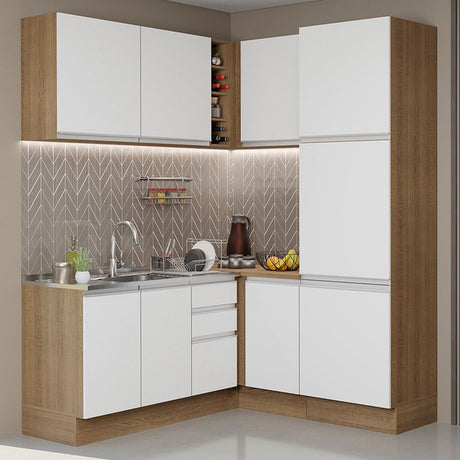 Cocina Integral Esquinero Modular Glamy Marron y Blanco 329x225cm sin Mesón sin Estufa con Tres Cajones y con Diecinueve Entrepaños - COCINAS | Bylmo