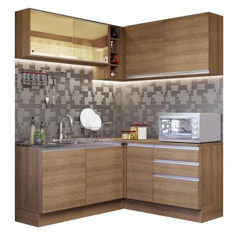 Cocina Integral Esquinero Modular Glamy Marron 329x225cm sin Mesón sin Estufa con Tres Cajones y con Diecisiete Entrepaños - COCINAS | Bylmo