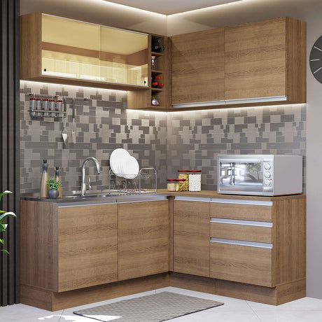 Cocina Integral Esquinero Modular Glamy Marron 329x225cm sin Mesón sin Estufa con Tres Cajones y con Diecisiete Entrepaños - COCINAS | Bylmo