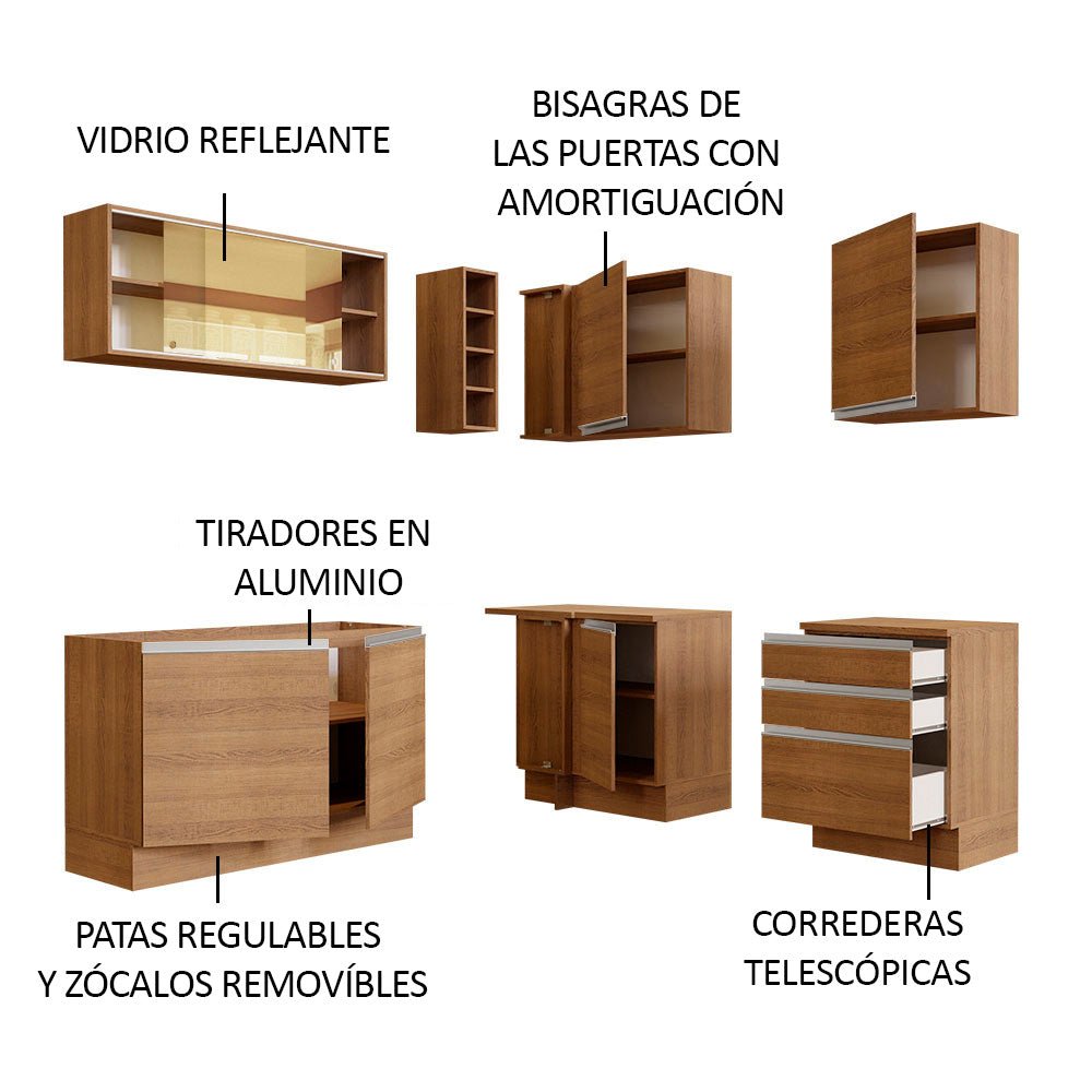 Cocina Integral Esquinero Modular Glamy Marron 329x225cm sin Mesón sin Estufa con Tres Cajones y con Diecisiete Entrepaños - COCINAS | Bylmo