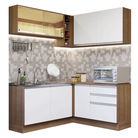 Cocina Integral Esquinero Modular Glamy Marron y Blanco 329x225cm sin Mesón sin Estufa con Tres Cajones y con Diecisiete Entrepaños - COCINAS | Bylmo