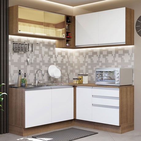 Cocina Integral Esquinero Modular Glamy Marron y Blanco 329x225cm sin Mesón sin Estufa con Tres Cajones y con Diecisiete Entrepaños - COCINAS | Bylmo