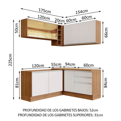 Cocina Integral Esquinero Modular Glamy Marron y Blanco 329x225cm sin Mesón sin Estufa con Tres Cajones y con Diecisiete Entrepaños - COCINAS | Bylmo