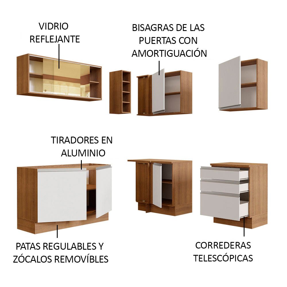 Cocina Integral Esquinero Modular Glamy Marron y Blanco 329x225cm sin Mesón sin Estufa con Tres Cajones y con Diecisiete Entrepaños - COCINAS | Bylmo