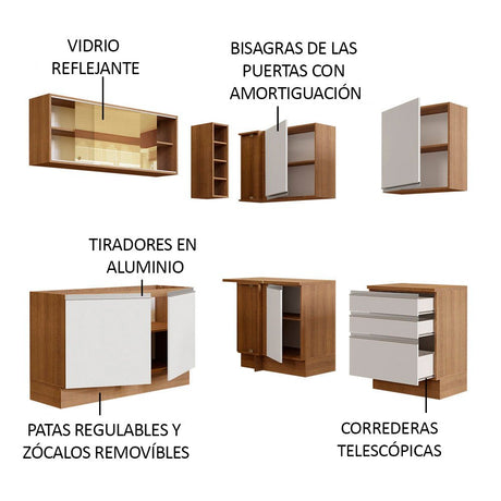 Cocina Integral Esquinero Modular Glamy Marron y Blanco 329x225cm sin Mesón sin Estufa con Tres Cajones y con Diecisiete Entrepaños - COCINAS | Bylmo