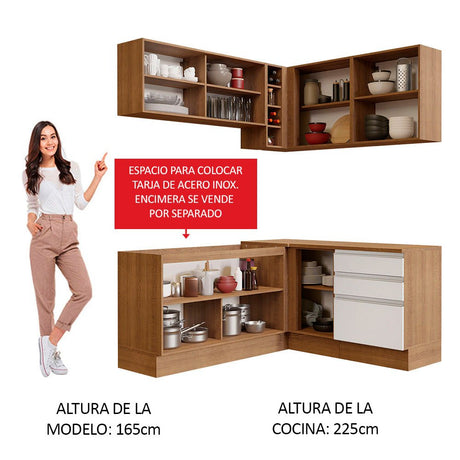 Cocina Integral Esquinero Modular Glamy Marron y Blanco 329x225cm sin Mesón sin Estufa con Tres Cajones y con Diecisiete Entrepaños - COCINAS | Bylmo