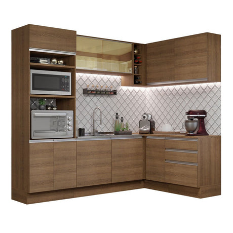 Cocina Integral Esquinero Modular Glamy Marron 399x225cm sin Mesón sin Estufa con Tres Cajones y con Veintitrés Entrepaños - COCINAS | Bylmo