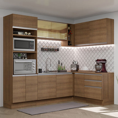 Cocina Integral Esquinero Modular Glamy Marron 399x225cm sin Mesón sin Estufa con Tres Cajones y con Veintitrés Entrepaños - COCINAS | Bylmo