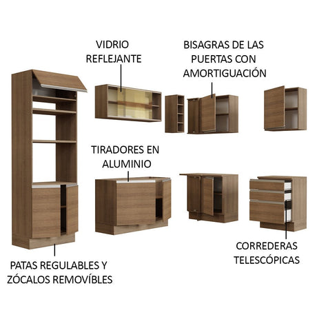 Cocina Integral Esquinero Modular Glamy Marron 399x225cm sin Mesón sin Estufa con Tres Cajones y con Veintitrés Entrepaños - COCINAS | Bylmo