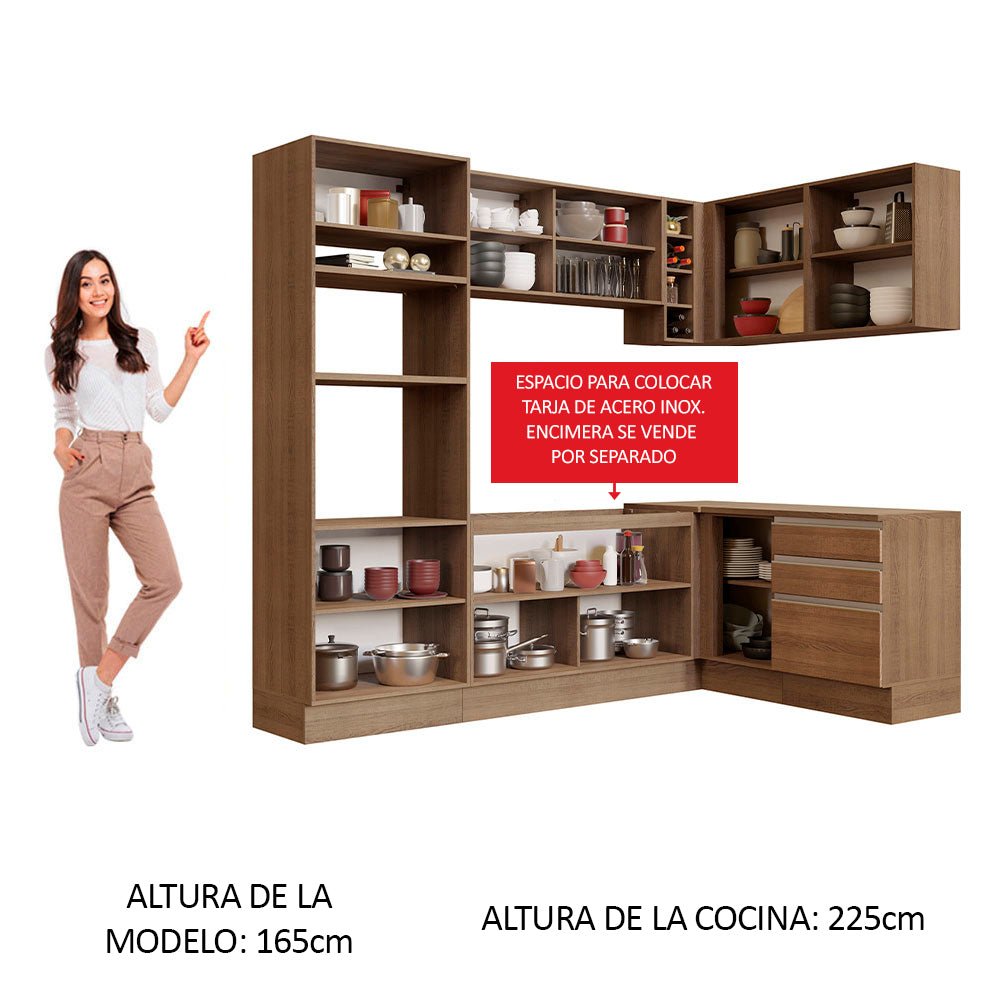 Cocina Integral Esquinero Modular Glamy Marron 399x225cm sin Mesón sin Estufa con Tres Cajones y con Veintitrés Entrepaños - COCINAS | Bylmo