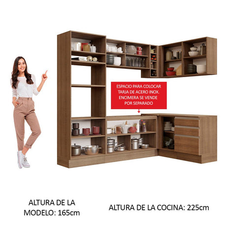 Cocina Integral Esquinero Modular Glamy Marron 399x225cm sin Mesón sin Estufa con Tres Cajones y con Veintitrés Entrepaños - COCINAS | Bylmo