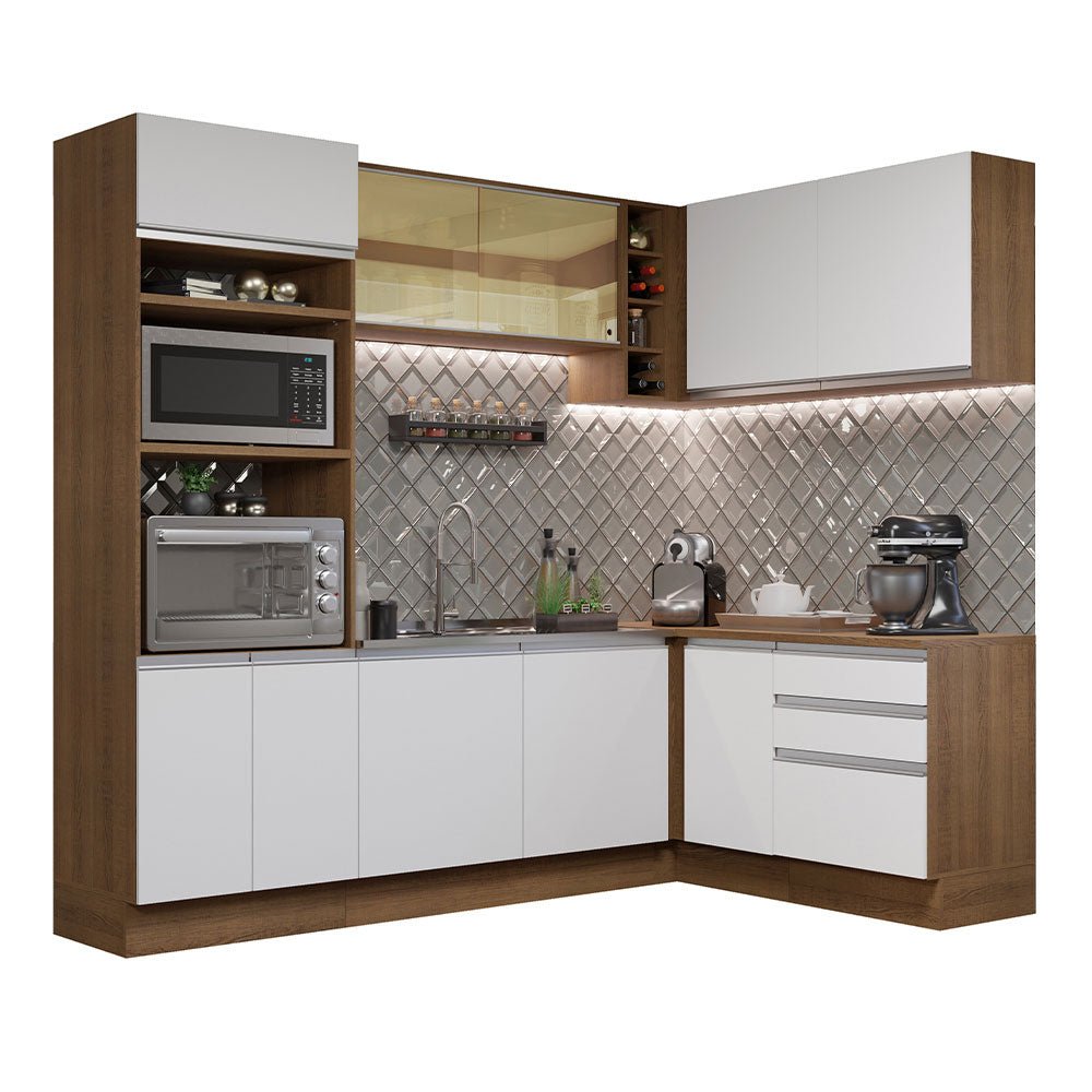 Cocina Integral Esquinero Modular Glamy Marron y Blanco 399x225cm sin Mesón sin Estufa con Tres Cajones y con Veintitrés Entrepaños - COCINAS | Bylmo