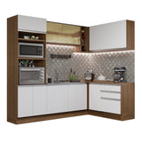 Cocina Integral Esquinero Modular Glamy Marron y Blanco 399x225cm sin Mesón sin Estufa con Tres Cajones y con Veintitrés Entrepaños - COCINAS | Bylmo