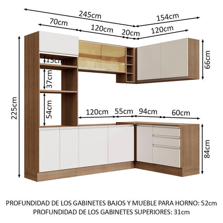 Cocina Integral Esquinero Modular Glamy Marron y Blanco 399x225cm sin Mesón sin Estufa con Tres Cajones y con Veintitrés Entrepaños - COCINAS | Bylmo