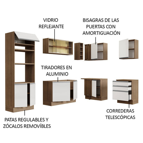 Cocina Integral Esquinero Modular Glamy Marron y Blanco 399x225cm sin Mesón sin Estufa con Tres Cajones y con Veintitrés Entrepaños - COCINAS | Bylmo