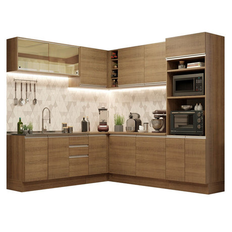 Cocina Integral Esquinero Modular Glamy Marron 459x225cm sin Mesón sin Estufa con Tres Cajones y con Veintisiete Entrepaños - COCINAS | Bylmo