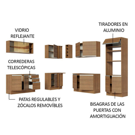 Cocina Integral Esquinero Modular Glamy Marron 459x225cm sin Mesón sin Estufa con Tres Cajones y con Veintisiete Entrepaños - COCINAS | Bylmo