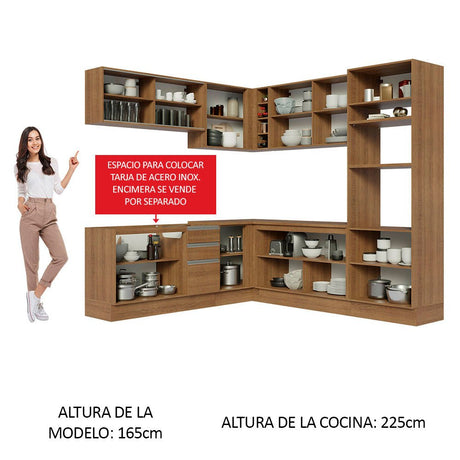Cocina Integral Esquinero Modular Glamy Marron 459x225cm sin Mesón sin Estufa con Tres Cajones y con Veintisiete Entrepaños - COCINAS | Bylmo