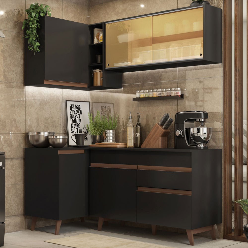 Cocina Integral Esquinero Modular Reims Negro 262x210cm con Mesón de Madera Aglomerada Mdp sin Estufa con Un Cajón y con Trece Entrepaños - COCINAS | Bylmo
