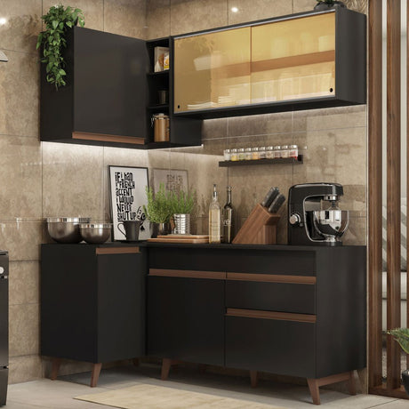Cocina Integral Esquinero Modular Reims Negro 262x210cm con Mesón de Madera Aglomerada Mdp sin Estufa con Un Cajón y con Trece Entrepaños - COCINAS | Bylmo