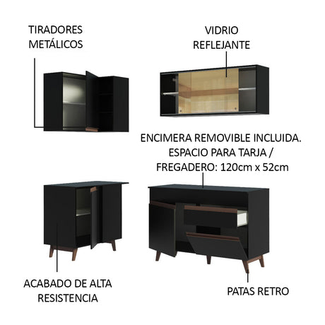 Cocina Integral Esquinero Modular Reims Negro 262x210cm con Mesón de Madera Aglomerada Mdp sin Estufa con Un Cajón y con Trece Entrepaños - COCINAS | Bylmo