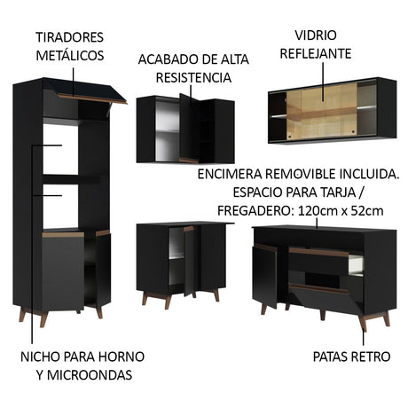 Cocina Integral Esquinero Modular Reims Negro 332x210cm con Mesón de Madera Aglomerada Mdp sin Estufa con Un Cajón y con Quince Entrepaños - COCINAS | Bylmo