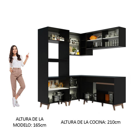 Cocina Integral Esquinero Modular Reims Negro 332x210cm con Mesón de Madera Aglomerada Mdp sin Estufa con Un Cajón y con Quince Entrepaños - COCINAS | Bylmo