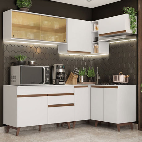 Cocina Integral Esquinero Modular Reims Blanco 332x210cm con Mesón de Madera Aglomerada Mdp sin Estufa con Un Cajón y con Dieciséis Entrepaños - COCINAS | Bylmo