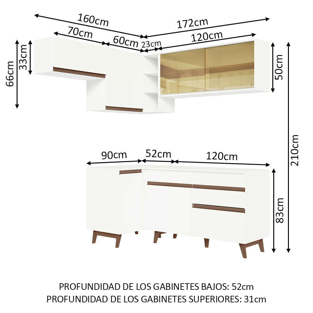 Cocina Integral Esquinero Modular Reims Blanco 332x210cm con Mesón de Madera Aglomerada Mdp sin Estufa con Un Cajón y con Catorce Entrepaños - COCINAS | Bylmo
