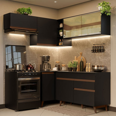 Cocina Integral Esquinero Modular Reims Negro 332x210cm con Mesón de Madera Aglomerada Mdp sin Estufa con Un Cajón y con Catorce Entrepaños - COCINAS | Bylmo