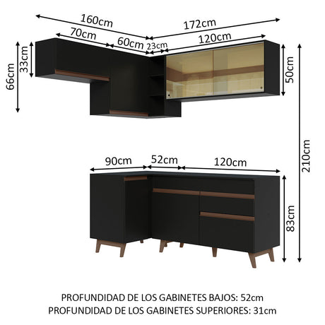 Cocina Integral Esquinero Modular Reims Negro 332x210cm con Mesón de Madera Aglomerada Mdp sin Estufa con Un Cajón y con Catorce Entrepaños - COCINAS | Bylmo