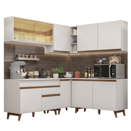 Cocina Integral Esquinero Modular Reims Blanco 382x210cm con Mesón de Madera Aglomerada Mdp sin Estufa con Un Cajón y con Veinte Entrepaños - COCINAS | Bylmo