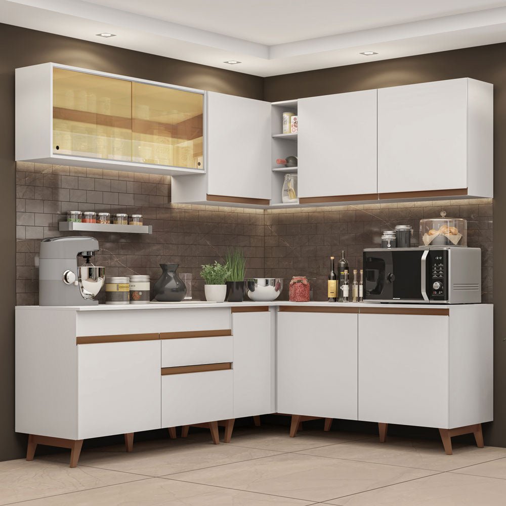 Cocina Integral Esquinero Modular Reims Blanco 382x210cm con Mesón de Madera Aglomerada Mdp sin Estufa con Un Cajón y con Veinte Entrepaños - COCINAS | Bylmo