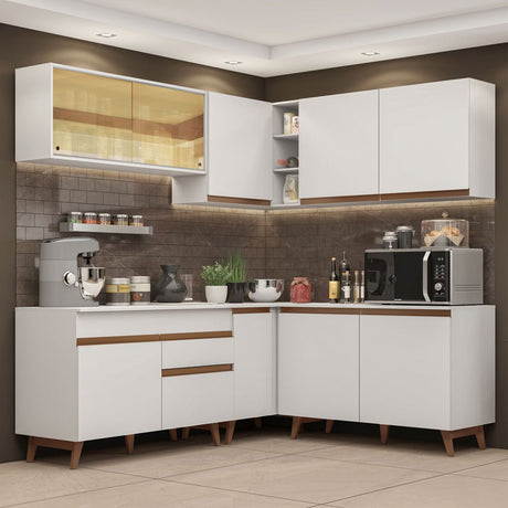 Cocina Integral Esquinero Modular Reims Blanco 382x210cm con Mesón de Madera Aglomerada Mdp sin Estufa con Un Cajón y con Veinte Entrepaños - COCINAS | Bylmo