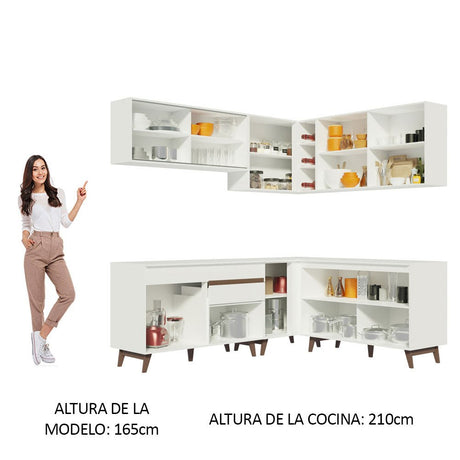 Cocina Integral Esquinero Modular Reims Blanco 382x210cm con Mesón de Madera Aglomerada Mdp sin Estufa con Un Cajón y con Veinte Entrepaños - COCINAS | Bylmo