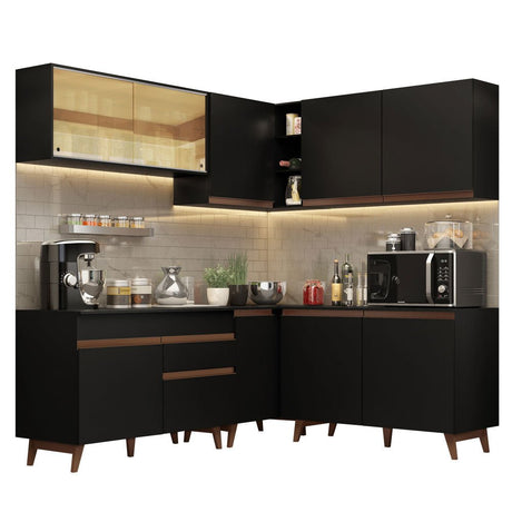 Cocina Integral Esquinero Modular Reims Negro 382x210cm con Mesón de Madera Aglomerada Mdp sin Estufa con Un Cajón y con Veinte Entrepaños - COCINAS | Bylmo