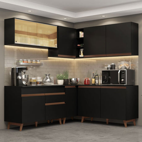 Cocina Integral Esquinero Modular Reims Negro 382x210cm con Mesón de Madera Aglomerada Mdp sin Estufa con Un Cajón y con Veinte Entrepaños - COCINAS | Bylmo