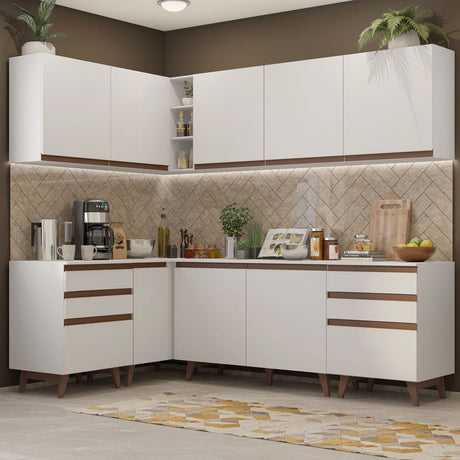 Cocina Integral Esquinero Modular Reims Blanco 382x210cm con Mesón de Madera Aglomerada Mdp sin Estufa con Seis Cajones y con Dieciocho Entrepaños - COCINAS | Bylmo